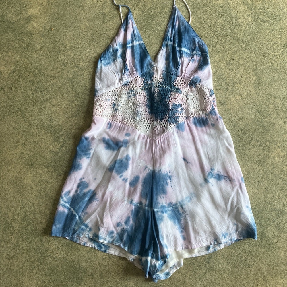 Blush Tie-Dye Asymmetrical Romper in Blue and Pink